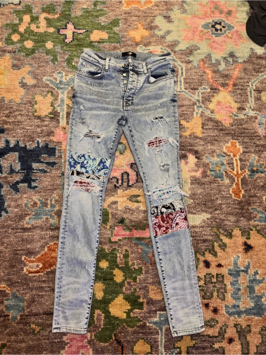 AMIRI Other - AMIRI Light Blue Distressed Skinny Jeans with Multicolor Bandana Patchwork